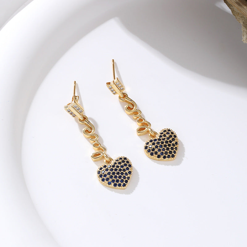 Wholesale Long Heart 18K Gold Micro-paved Zircon Copper Earrings